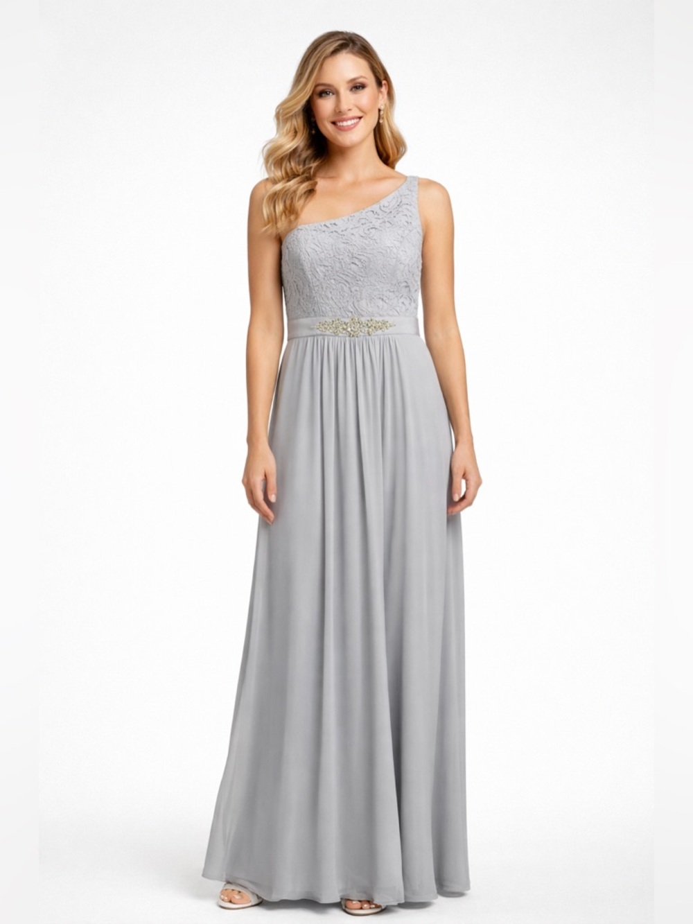 Adrianna Papell Gray Chiffon One Shoulder GALA Gown SZ 6 NWT Formal Evening MOB